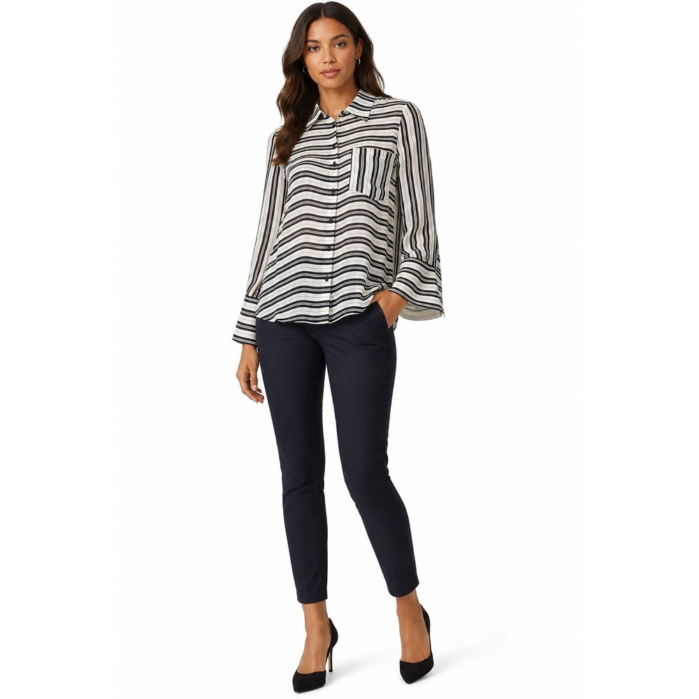 Club Monaco Womens 100% Silk Striped Button Down Blouse Black White Large